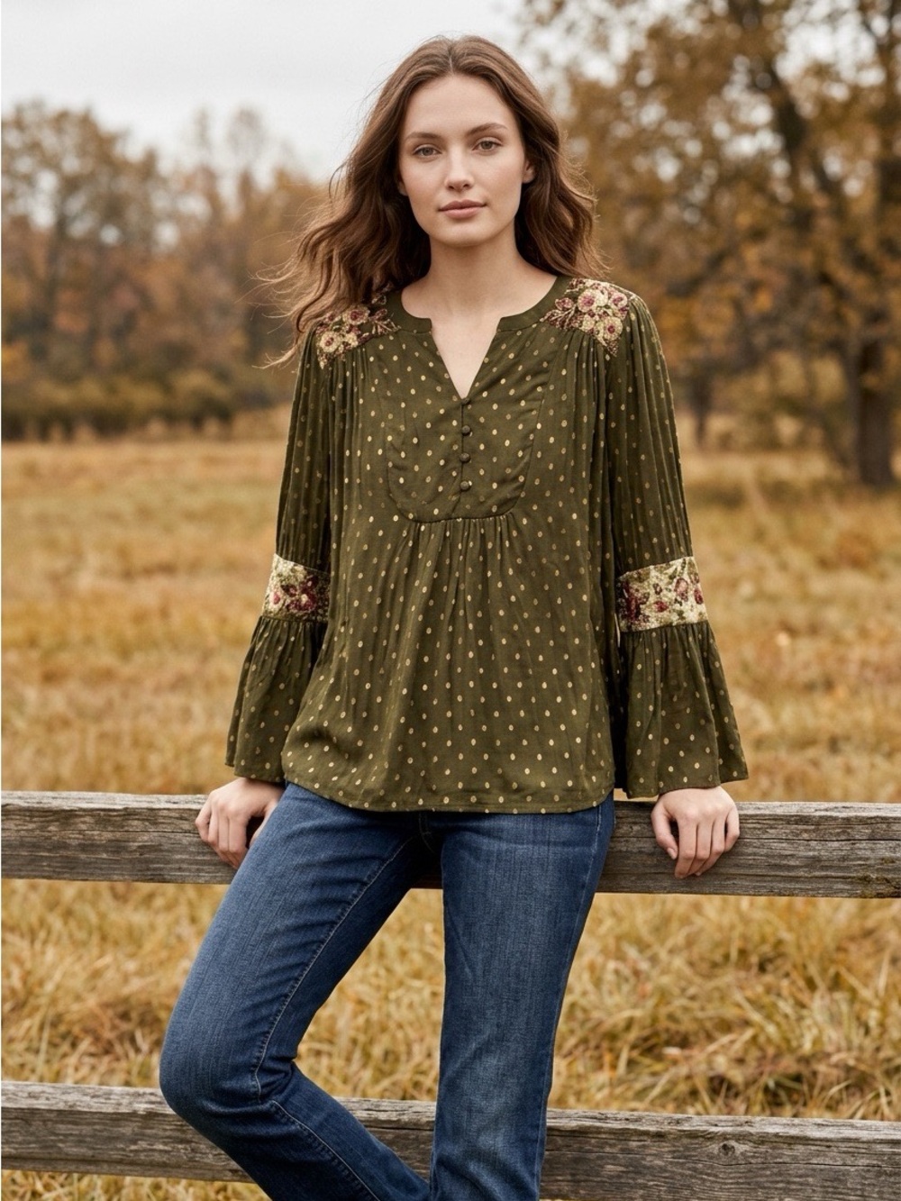 Chico’s Dot Jacquard Peasant Top‎